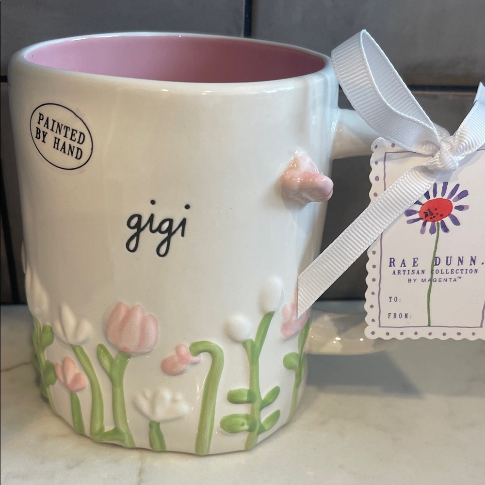 Rae Dunn White Ceramic 'gigi' Mug with Pink Interior and Pastel Floral Relief